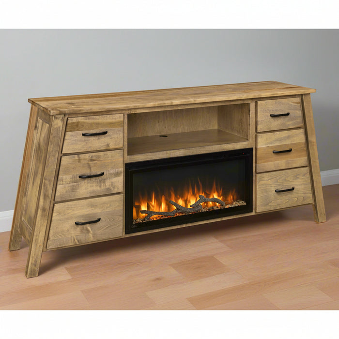 Amish Hamilton Fireplace Mantel
 1" Thick Top: 74" Wide x 18" Deep
- Top Shelf: 34.75" Wide x 16" Deep x 10" High
- Solid Wood Construction
- Soft Close Drawers
- Thermostat Controlled