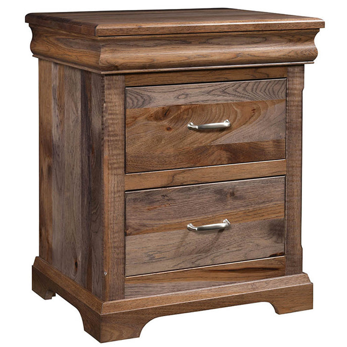 Amish Hampton 2-Drawer Nightstand Hidden Jewelry Drawers In Case Goods Detail - J&M Woodworking - Classic Traditional Amish Bedroom - Rustic Hickory Dark Streak