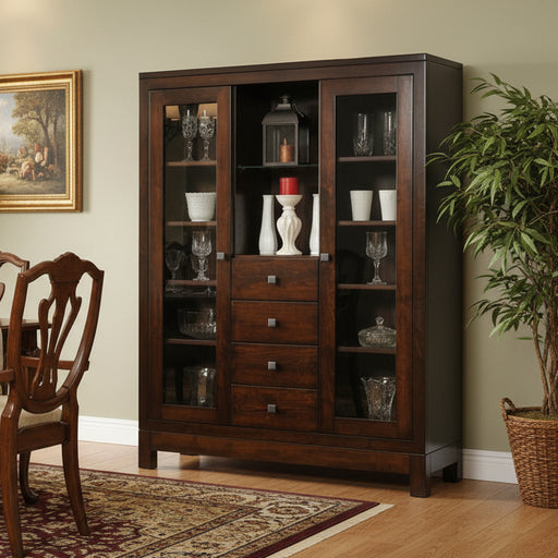 Amish Hampton China Cabinet
Hardware: 55271-BBR Knobs 
(1) Adjustable Glass Shelf
(9) Adjustable Wood Shelves