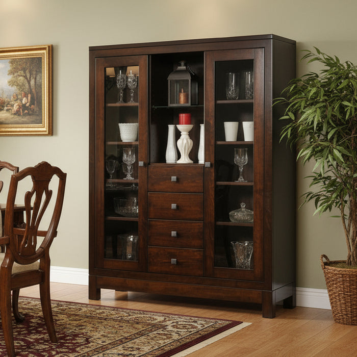 Amish Hampton China Cabinet
Hardware: 55271-BBR Knobs 
(1) Adjustable Glass Shelf
(9) Adjustable Wood Shelves