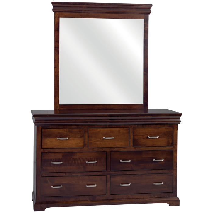 Amish Hampton Dresser & Mirror Hidden Jewelry Drawers In Case Goods Detail - J&M Woodworking - Classic Traditional Amish Bedroom - Brown Maple - OCS-228 Rich Tobacco