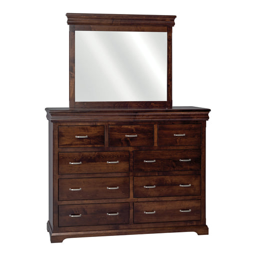 Amish Hampton Mule Dresser & Mirror - Hidden Jewelry Drawers In Case Goods - J&M Woodworking - Classic Traditional Amish Bedroom - Brown Maple OCS-228 Rich Tobacco