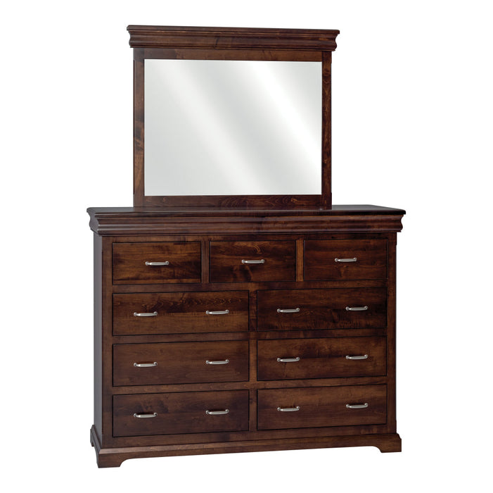 Amish Hampton Mule Dresser & Mirror - Hidden Jewelry Drawers In Case Goods - J&M Woodworking - Classic Traditional Amish Bedroom - Brown Maple OCS-228 Rich Tobacco