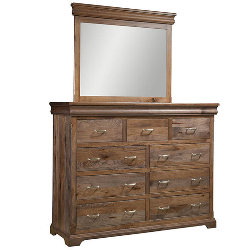 Amish Hampton Mule Dresser & Mirror - Hidden Jewelry Drawers In Case Goods - J&M Woodworking - Classic Traditional Amish Bedroom - Rustic Hickory Dark Streak