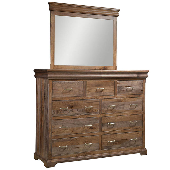 Amish Hampton Mule Dresser & Mirror - Hidden Jewelry Drawers In Case Goods - J&M Woodworking - Classic Traditional Amish Bedroom - Rustic Hickory Dark Streak