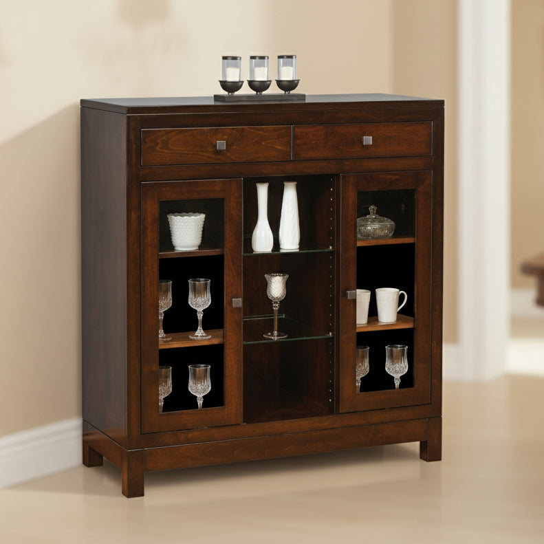 Amish Hampton Small China Cabinet
Hardware: 55271-BBR Knobs
(1) Adjustable Glass Shelf
(4) Adjustable Wood Shelves