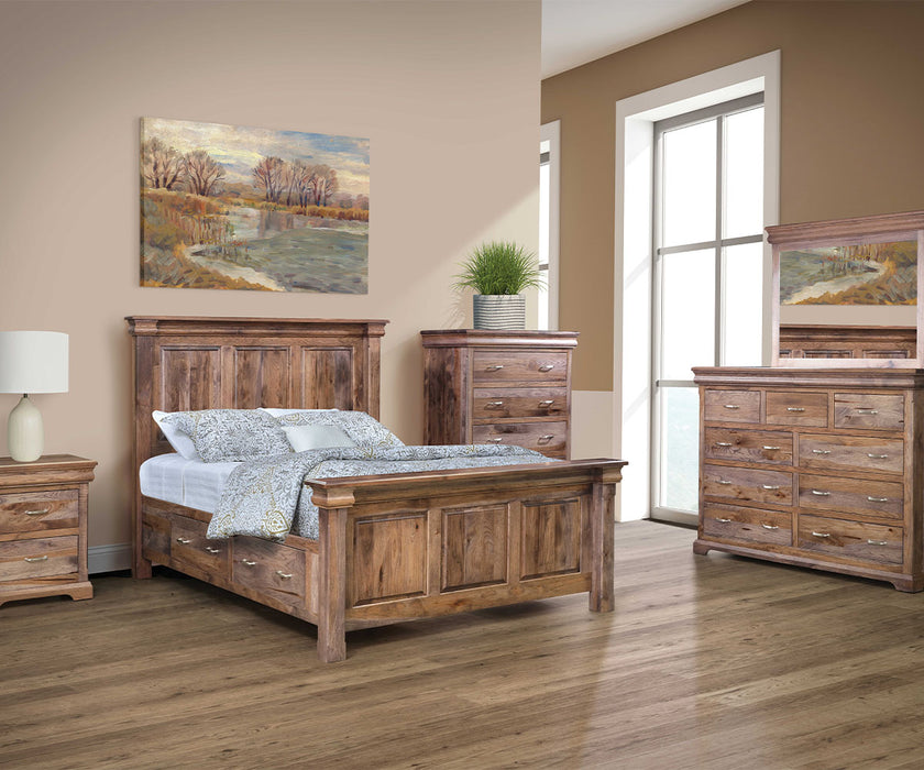 Amish Hampton Storage Bed - Amish Made Storage Bed - Hidden Jewelry Storage - J&M Woodworking - Amish Made Traditional Style Bedroom - Rustic Hickory Dark Streak Stain - In-Room Set Photo - 5-pc. Set