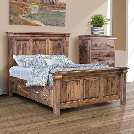 Amish Hampton Storage Bed - Amish Made Storage Bed - Hidden Jewelry Storage - J&M Woodworking - Amish Made Traditional Style Bedroom - Rustic Hickory Dark Streak Stain - In-Room Set Photo - Bed Only