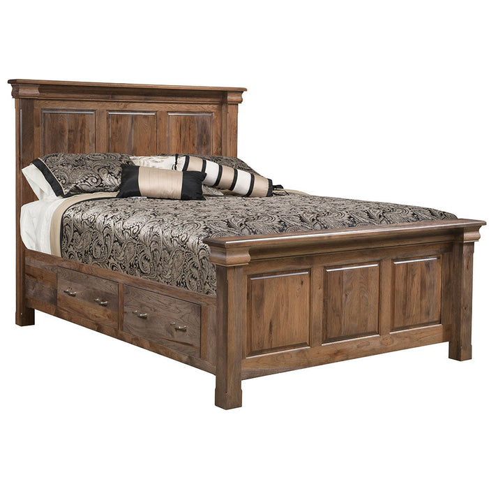 Amish Hampton Storage Bed - Amish Made Storage Bed - Hidden Jewelry Storage - J&M Woodworking - Amish Made Traditional Style Bedroom - Rustic Hickory Dark Streak Stain - In-Room Set Photo - Bed Only Blank Background