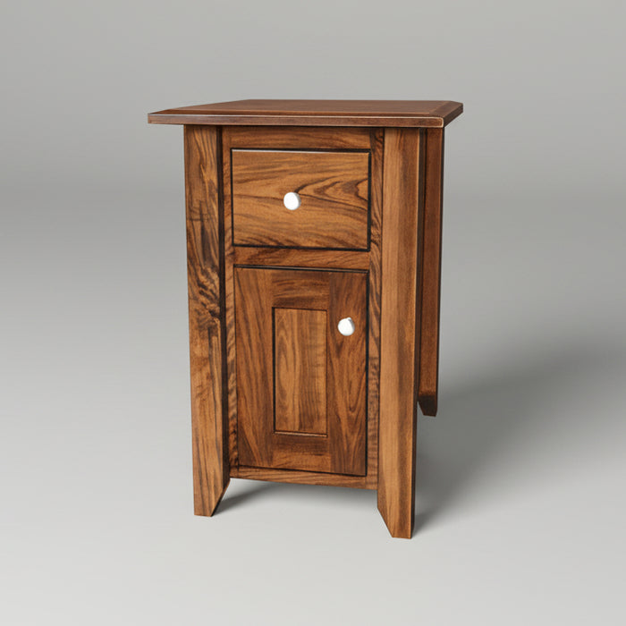Wooden side table with a drawer and cabinet on a white background