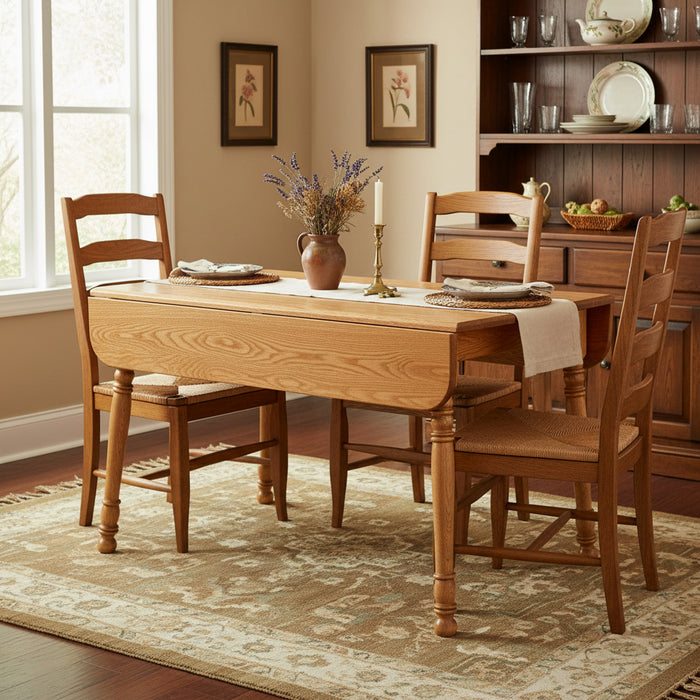 Amish Harvest Leg Drop Leaf Table - 2-10" Drop Leaves on Each Side - Multiple Leg Styles: Shaker Leg, Square Leg, Turned Leg - Solid Oak Drop Leaf Table - No Background - In-Room Photo