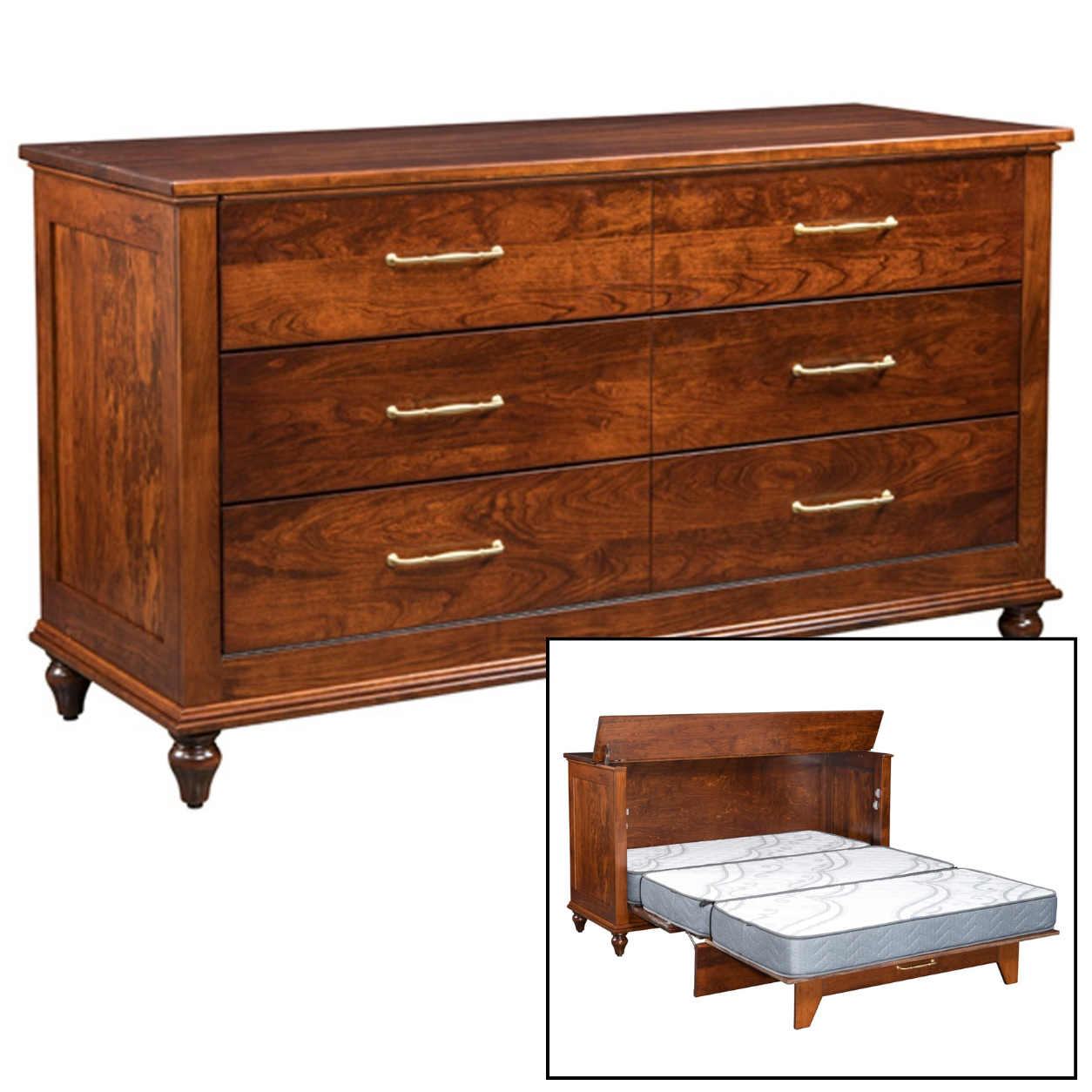 Amish Hawthorne Bun Foot Murphy Cabinet Hide-a-Bed - Brown Maple OCS-113 Michaels Cherry Fold Out Bed Cabinet - Amish Made Murphy Bed Cabinet - Main Photo