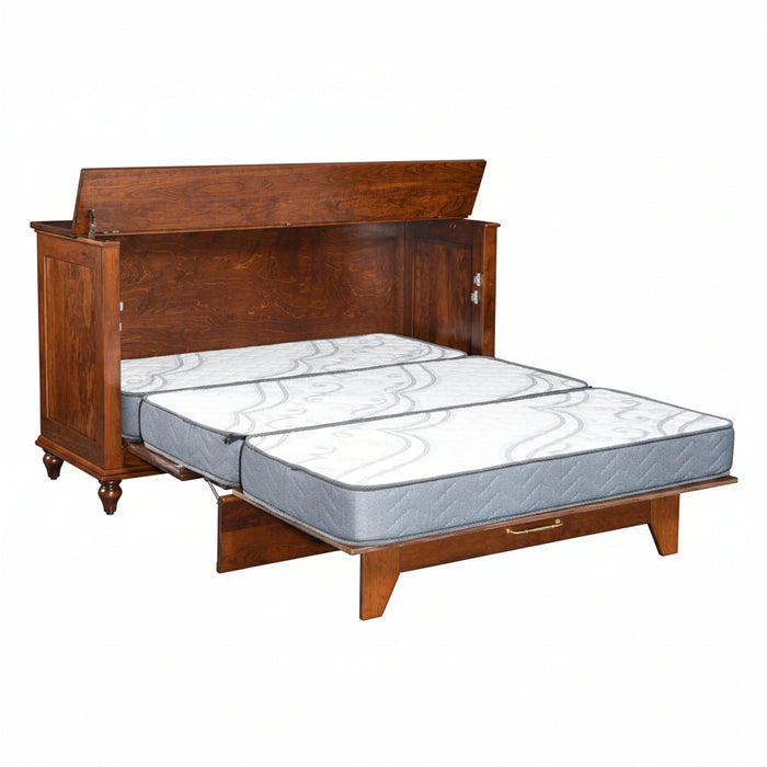 Amish Hawthorne Bun Foot Murphy Cabinet Hide-a-Bed - Brown Maple OCS-113 Michaels Cherry Fold Out Bed Cabinet - Amish Made Murphy Bed Cabinet - Open Photo 2