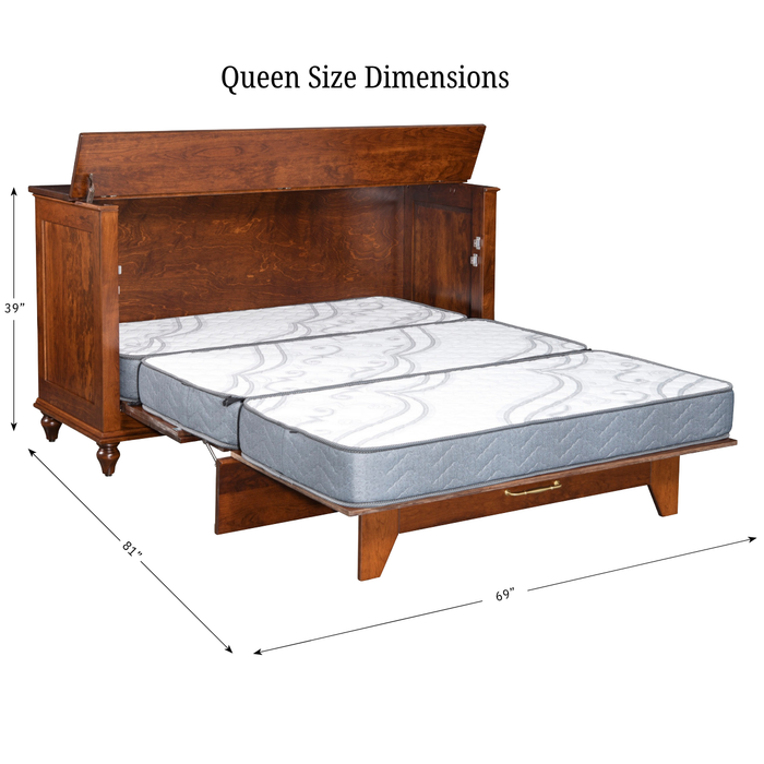 Amish Hawthorne Bun Foot Murphy Cabinet Hide-a-Bed - Brown Maple OCS-113 Michaels Cherry Fold Out Bed Cabinet - Amish Made Murphy Bed Cabinet - Open Photo With Dimension