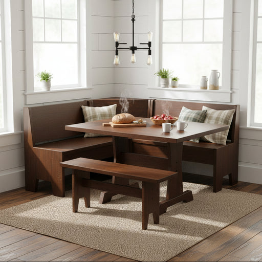 A dark brown wooden corner booth table set with a square table, two backrests, and two bench seats, photographed on a light gray studio background.