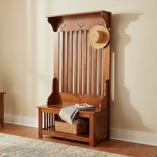 Amish Heritage Mission Hallseat with 3 Hooks, Cubby Storage, Mission Slats, Corbels, Solid Maple OCS-111 Boston Stain