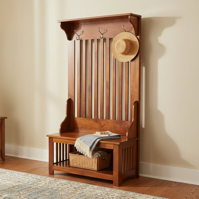 Amish Heritage Mission Hallseat with 3 Hooks, Cubby Storage, Mission Slats, Corbels, Solid Maple OCS-111 Boston Stain