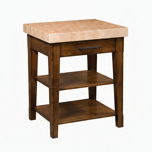 Wooden kitchen island with butcher block countertop on a white background