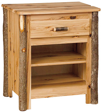 Hickory Log 1 Drawer Nightstand Amish Built Solid Hickory Log Wood Cabin Style Nightstand Front Facing