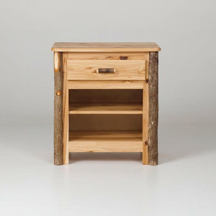 Hickory Log 1 Drawer Nightstand Amish Built Solid Hickory Log Wood Cabin Style Nightstand Front Facing