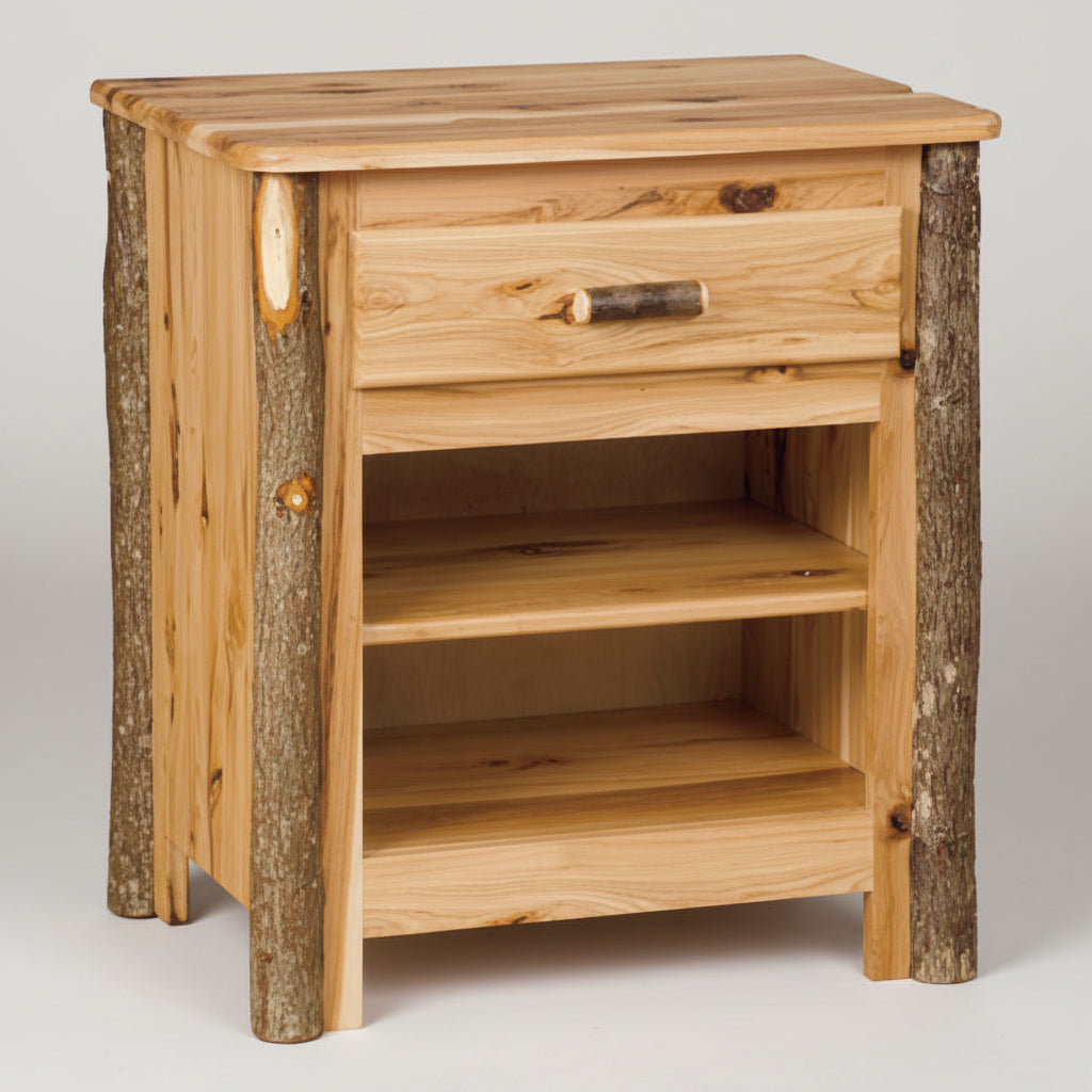 A rustic wooden nightstand with a single drawer, two open shelves, and natural bark-style legs, shown against a neutral light gray background.