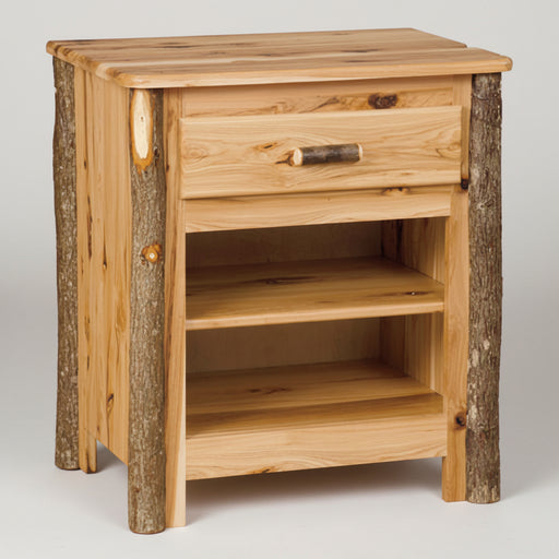 A rustic wooden nightstand with a single drawer, two open shelves, and natural bark-style legs, shown against a neutral light gray background.