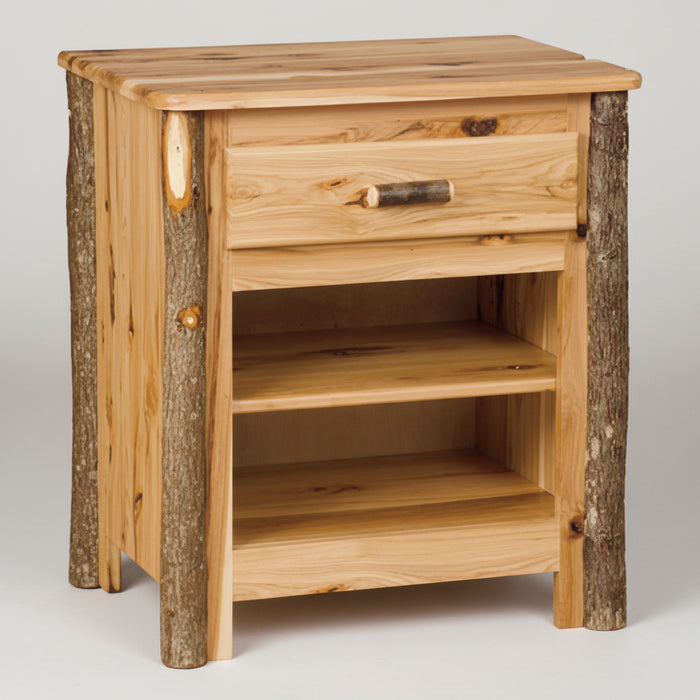 A rustic wooden nightstand with a single drawer, two open shelves, and natural bark-style legs, shown against a neutral light gray background.