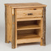 A rustic wooden nightstand with a single drawer, two open shelves, and natural bark-style legs, shown against a neutral light gray background.