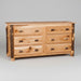 A rustic wooden dresser with six drawers, featuring natural wood grain, a light oak finish, and dark brown bark-style handles on a white background.