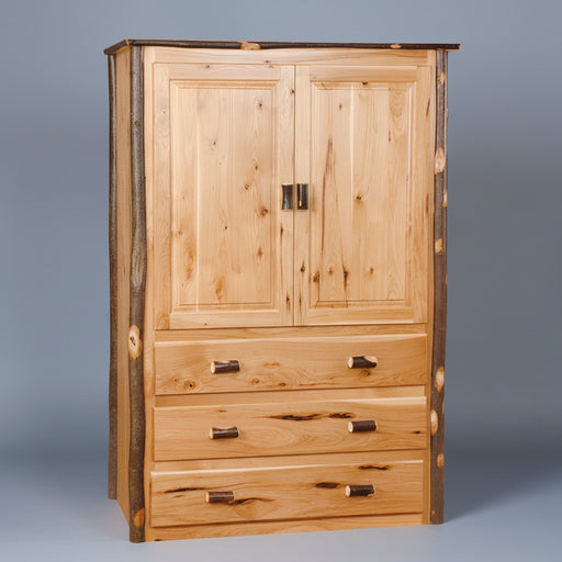 Amish Hickory Log Armoire with two doors and a drawer, featuring a natural stain finish and a visible log texture.