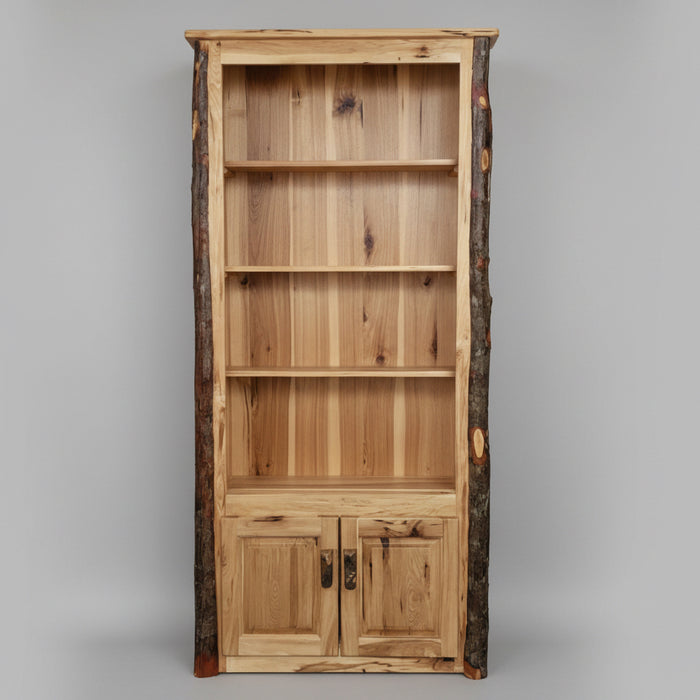 Amish Hickory Log Bookcase with Doors Log Cabin Bark Style Bookshelf Bylers Rustic Furntiure