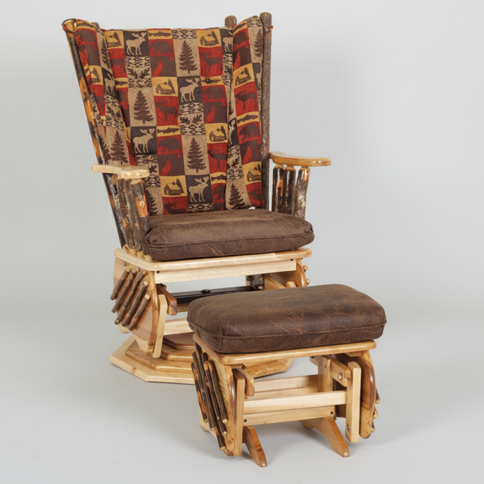 Amish Hickory Log Cabin Swivel Glider with Gliding Ottoman Cabin Style Chair and Foot Rest