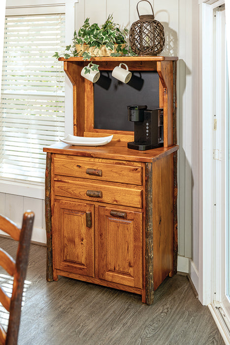 Amish Built Hickory Log Coffee Bar with Coffee Maker, Outlets, Coffee Mug Holder, K Cup Holders and Storage Front Facing