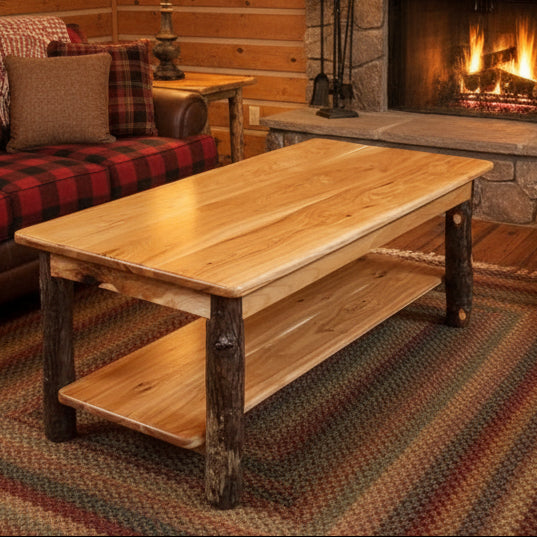 Hickory Log Coffee Table Amish Built Cabin Style Coffee Table Front Facing