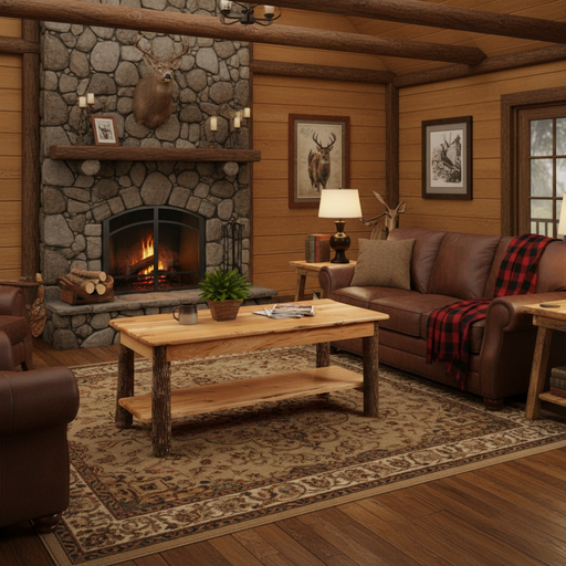 A rustic wooden coffee table with a natural live-edge top, a lower shelf, and log-style legs, shown on a solid light gray background.