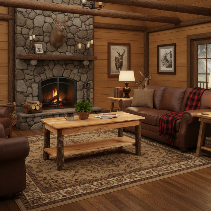 A rustic wooden coffee table with a natural live-edge top, a lower shelf, and log-style legs, shown on a solid light gray background.