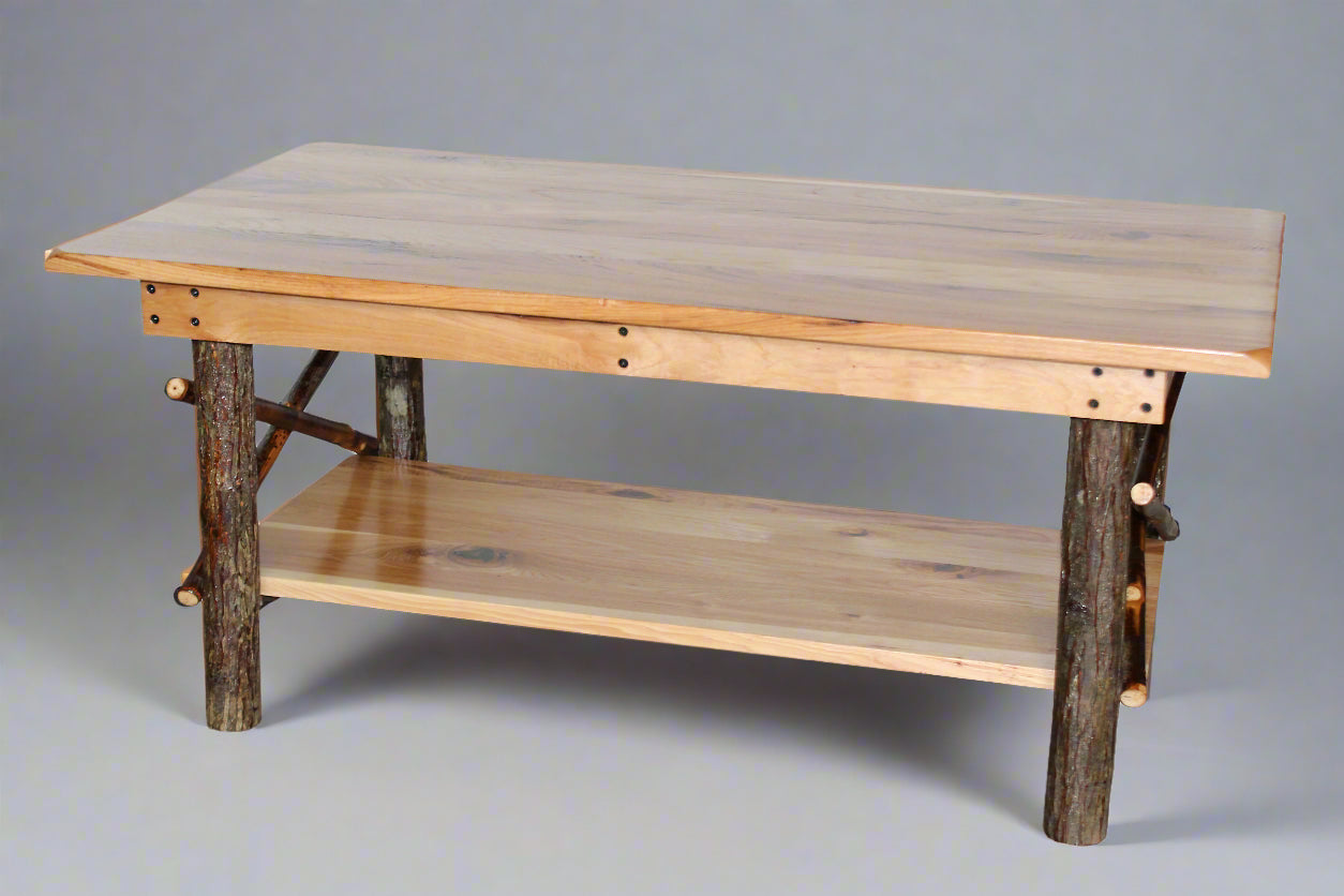 Amish Hickory Log Coffee Table with X Twig Sides Log Cabin Hickory Coffee Table