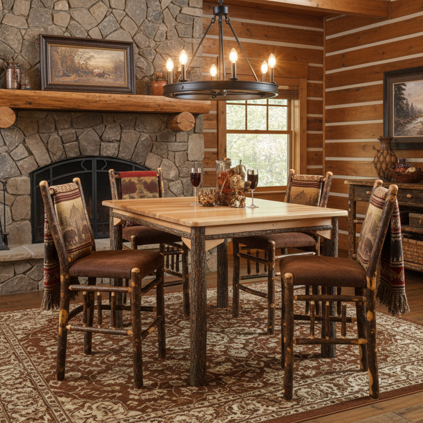 Amish Hickory Log Counter Dining Set with Fabric Bar Chairs Cabin Style Pub Dining Set