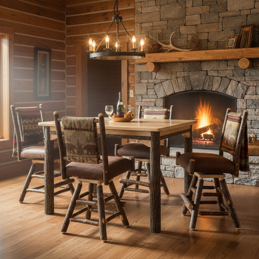 Amish Hickory Log Counter Dining Set with Fabric Counter Chairs Cabin Style Counter Dining Set Fabric Seat and Backs