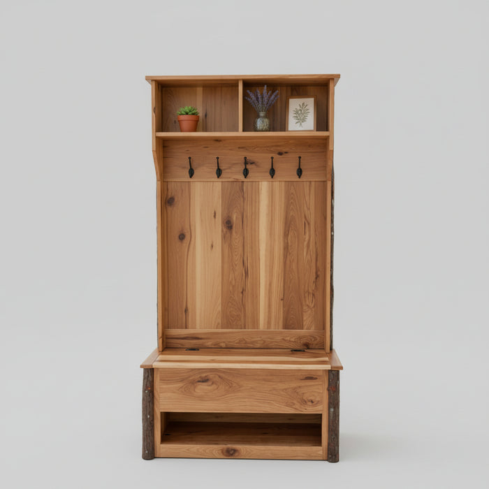 Amish Hickory Log Cubby Hall Seat Log Cabin Entry Bench Hall Seat with Hooks and Storage