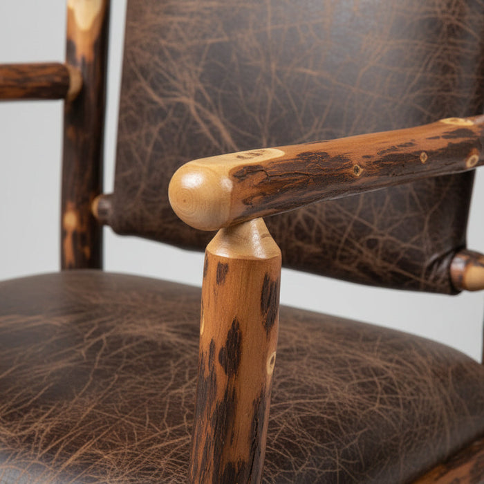 Amish Hickory Log Desk Chair with Leather Back and Seat Close Up