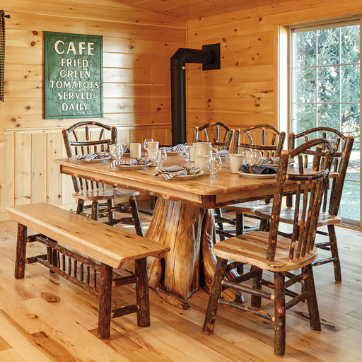 Amish Hickory Log Dining Set - Stump Base Table - Wagon Wheel Dining Chairs - Farm Dining Bench - Genuine Hickory Log Furniture