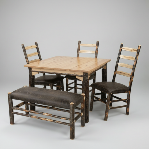 Amish Hickory Log Dining Set with Ladder Back Slatted Dining Chair and Upholstered Dining Bench Log Cabin Dining Set 