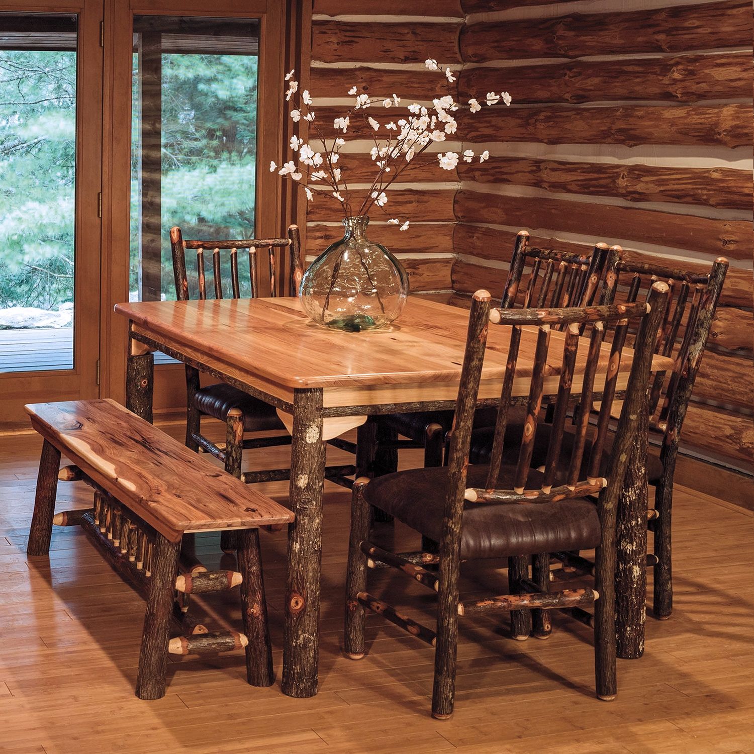 Hickory Log Dining Set with Stick Back Padded Seat, Bench & Table Amish Built Cabin Style Table and Chair Front Facing