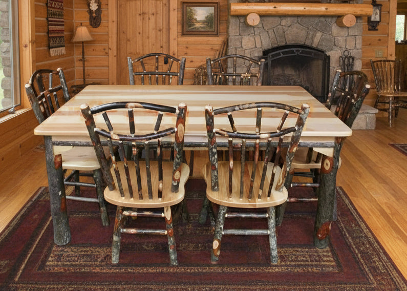 Hickory Log Dining Set | Hickory Log Dining Table | Hickory Log Wagon Wheel Chairs | Amish Built Log Cabin Dining Set | Front Facing