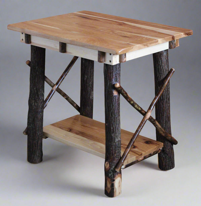 Amish Hickory Log End Table with X Twig Sides Log Cabin End Table