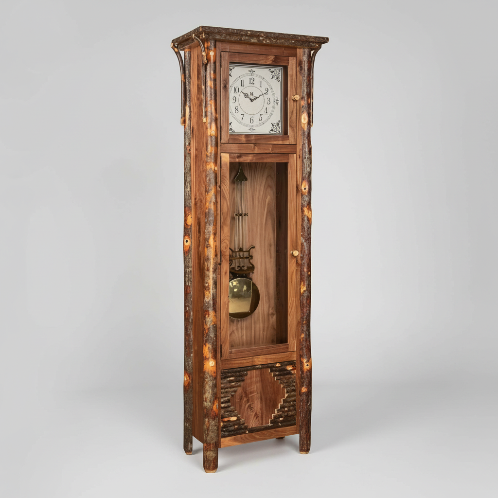 Amish Hickory Log Grandfather Clock with Brass Pendulum Cabin Style Grandfather Clock