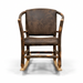 A rustic wooden rocking chair with a dark brown distressed leather seat and backrest, positioned in front of closed paneled doors on a gray carpet.