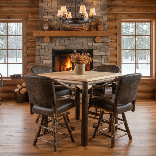 Amish Hickory Log Hoop Swivel Chair Counter Dining Set with Legged Hickory Log Dining Table