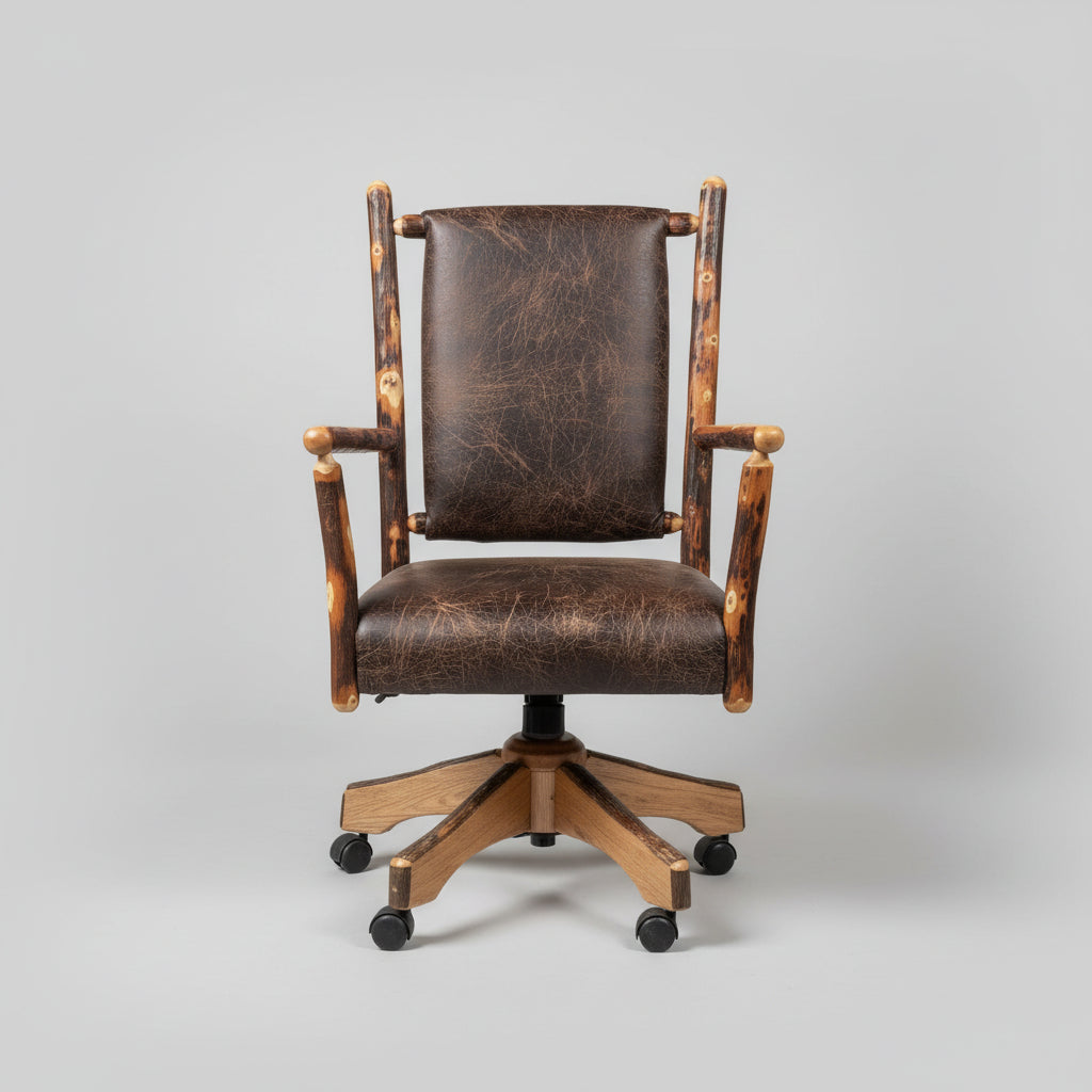Amish Hickory Log Leather Upholstered Desk Chair with Gas Lift Base Bylers Rustic Furniture 